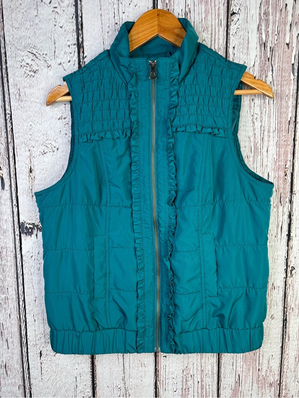 Christopher & Banks Teal Ruffled Zip-Up Vest Jacket Medium Pockets Fall Outdoor